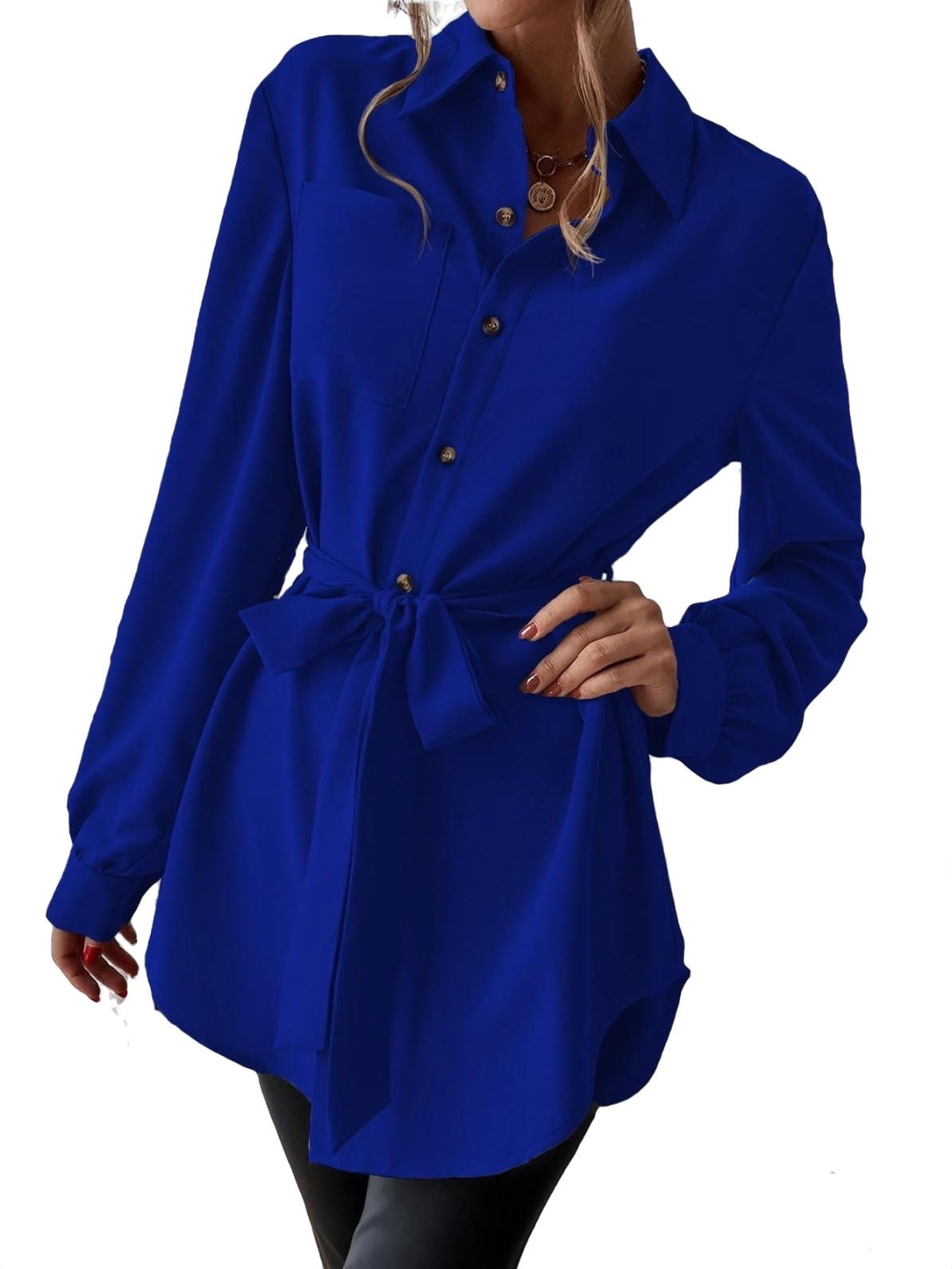 Royal Blue Solid Button Front Casual Shirt Women's Blouses