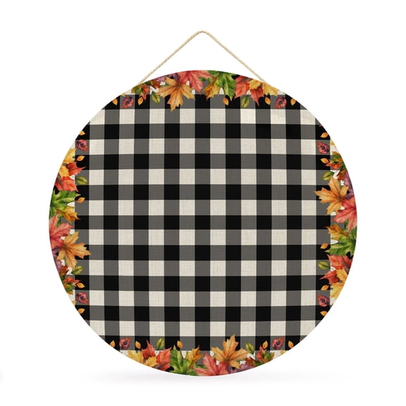 Welcome Sign for Front Door, Fall Maple Leaves Round Metal Wall Art Wreaths, Thanksgiving Botanical Black Checkered Outdoor Indoor Wall Hanging Sign for Porch Decor Housewarming Gifts 11.8 Inch