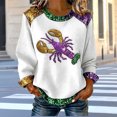 thumbnail image 3 of Craaazy Mardi Gras Shirts for Women Long Sleeve Casual Round Neck Carnival Printed Loose Denim Patchwork Printing Fashion Clothes Gifts, 3 of 4