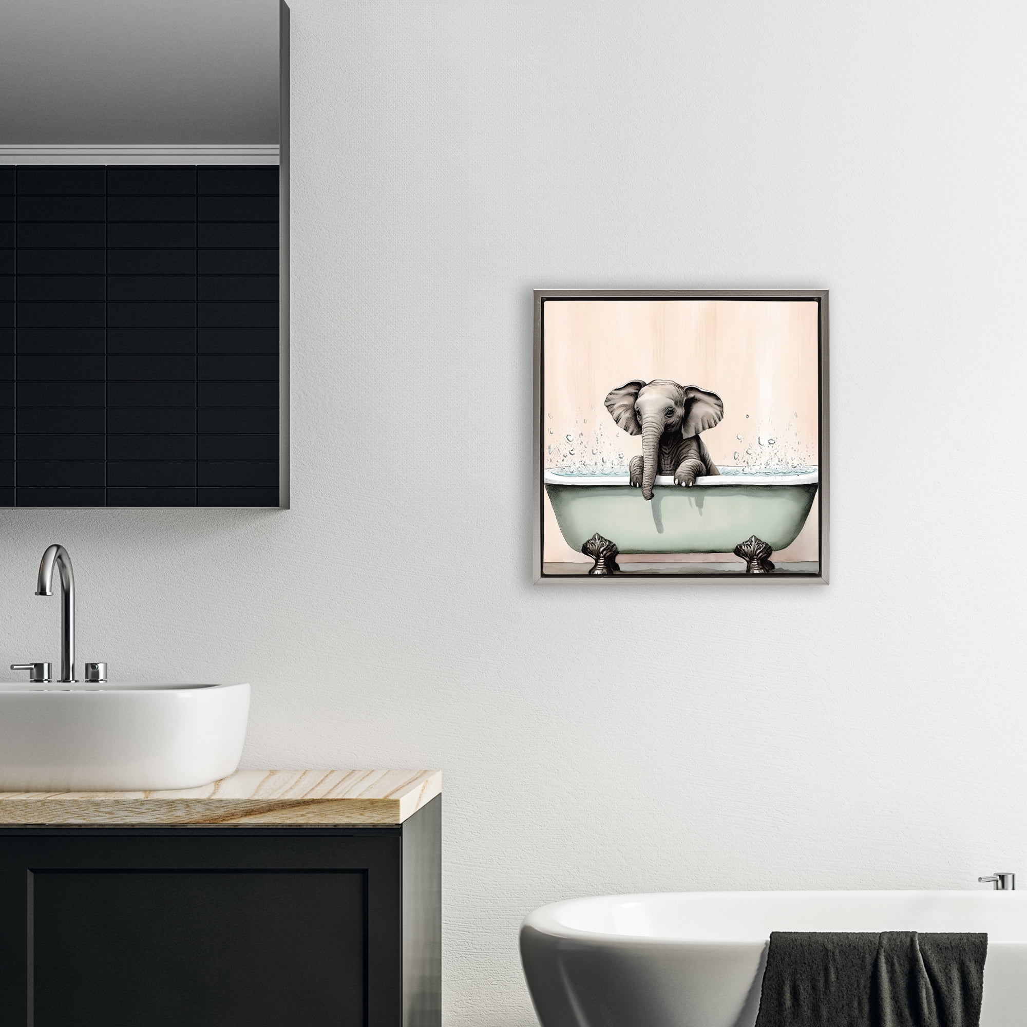 Baby Elephant Bathtime Gray Framed Floater Canvas Wall Art, design by Sasha