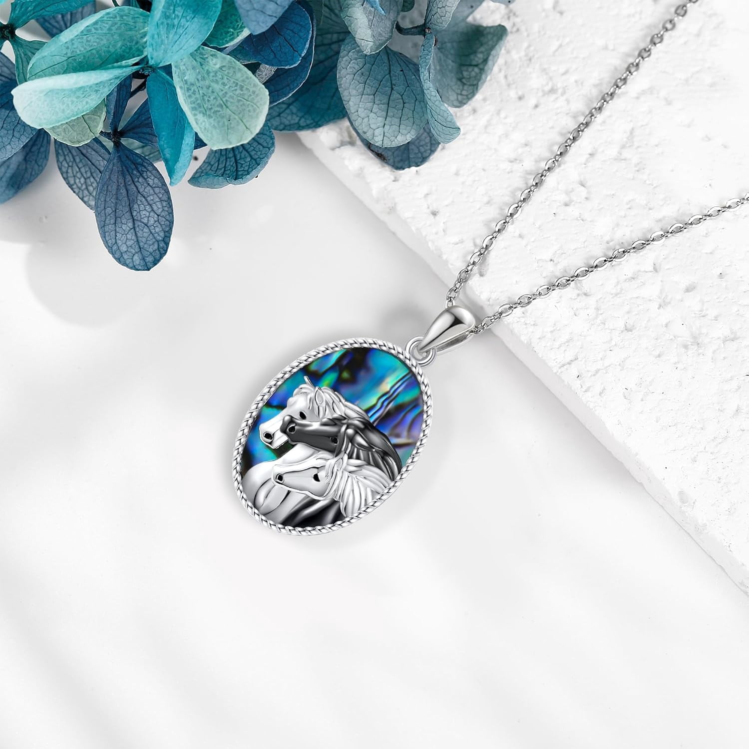 Sterling Silver Horse Pendant Necklace with Abalone Shell for Women, Animal Jewelry, Equestrian Gift for Her