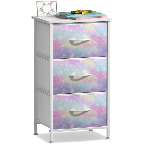Sorbus Mesita de Noche con 3 Cajones, Mesa Auxiliar para Recámara, con Efecto Tie-Dye en Colores Pastel.