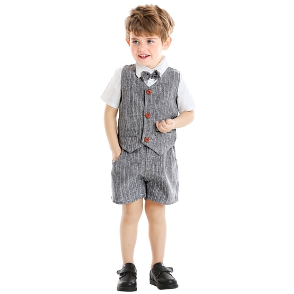 LWNYDPLSD Kids 3 Piece Suits Set Formal Gentleman Tuxedo Suit for Newborn Boy Wedding Graduation Dress Suit with Checkered Striped Vest Shorts Bowtie Button Down Short Sleeved Shirt Outfits