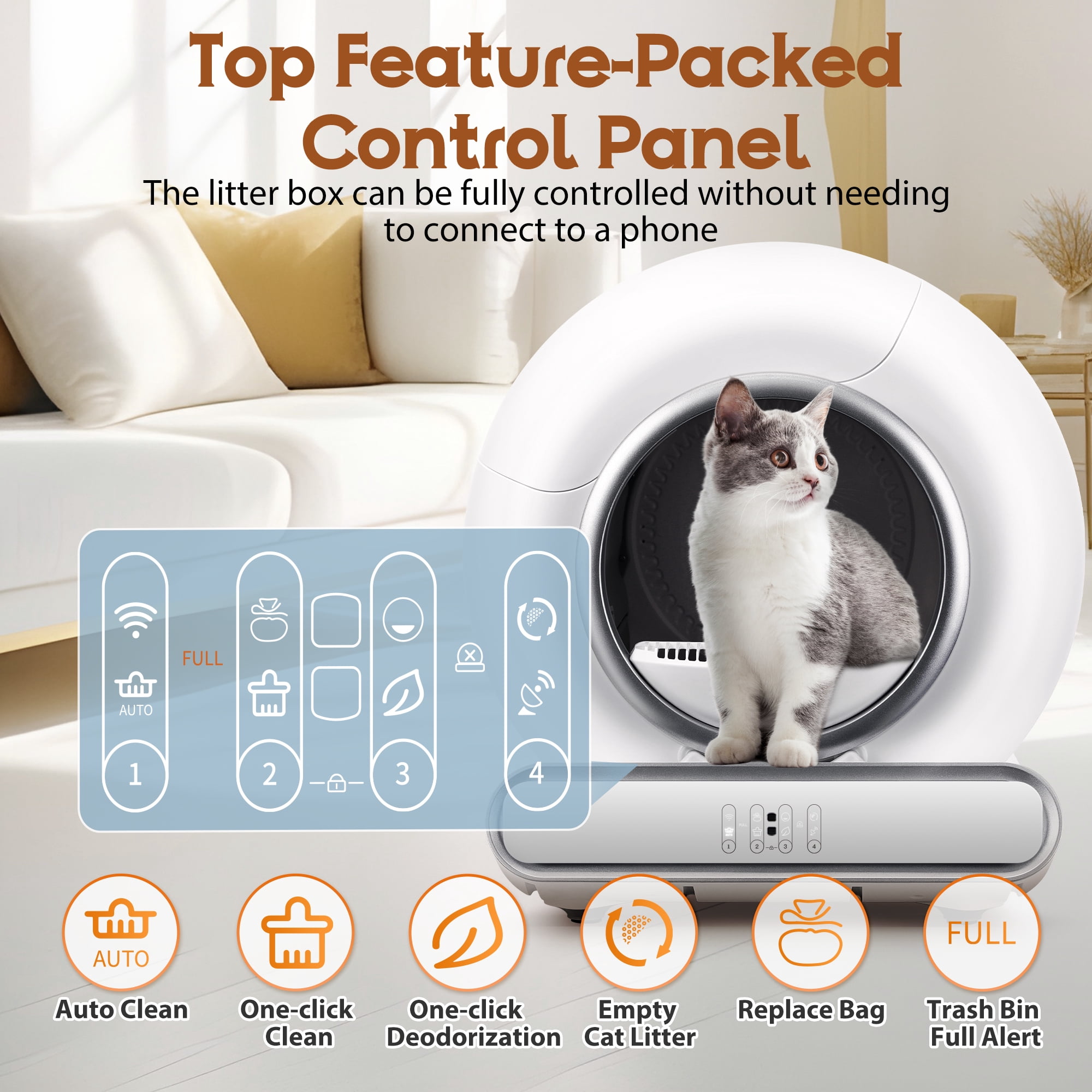 Self Cleaning Cat Litter Box, 115L Automatic Litter Box w/ Liner, 10 Sensor Protection for Multi Cat, Dual APP+ Panel Control,Odor Removal,Litter Box