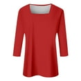 thumbnail image 3 of DuoJiaJ Women's 3/4 Sleeve Shirts Square Neck Color Block Summer Tops Dressy Casual Ladies Blouses Tops Cropped Tops for Women Red L, 3 of 4