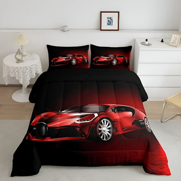 ACDANC Sports Car Comforter Red Race Car Comforter Set for Kids Boys Girls Extreme Sports Theme Bedding Set Cool Speed Luxury Car Decor Quilt Set with 2 Pillowcases 3Pcs Bedding Full