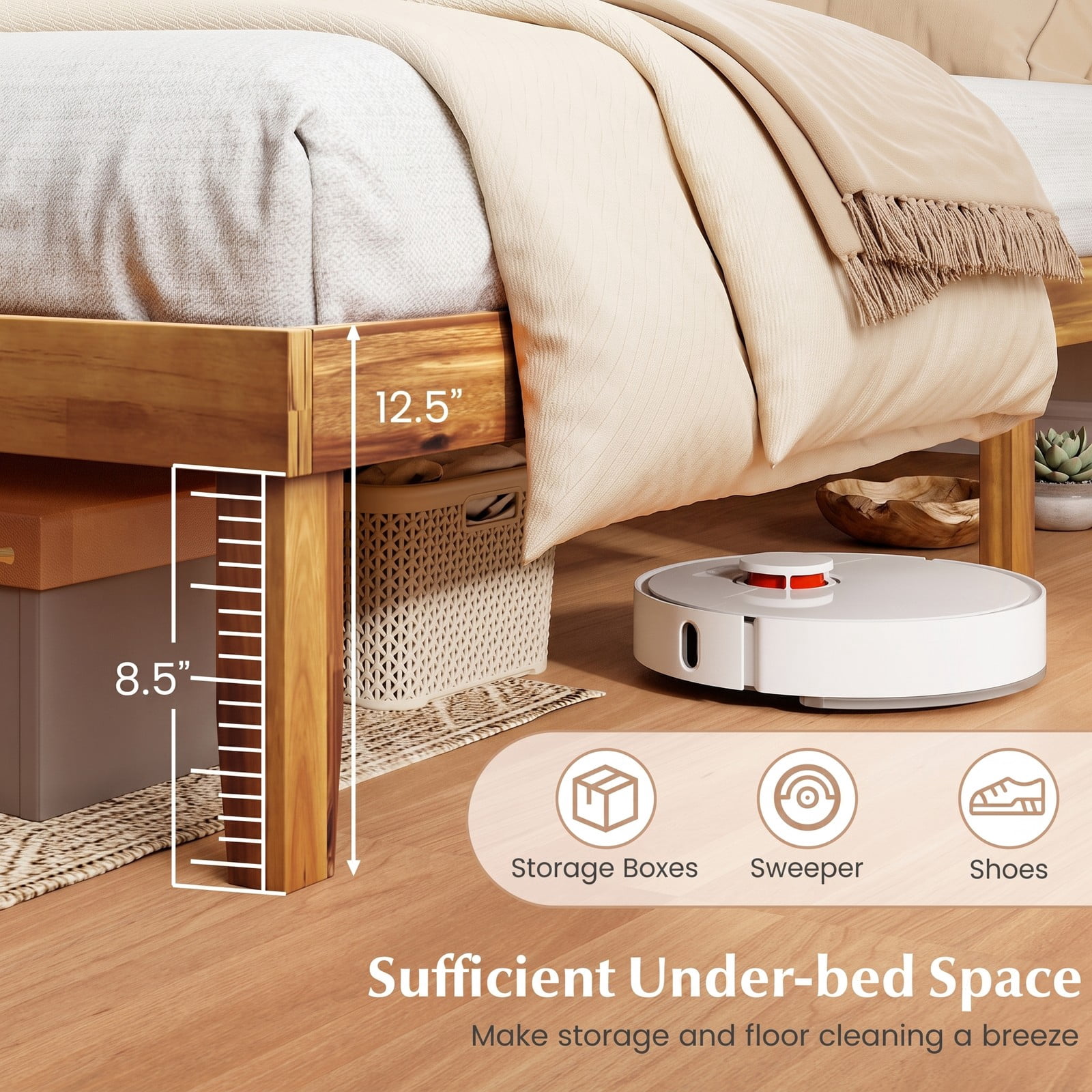 Furnibear Queen Size Bed Frame with Mid-Century Headboard, Acacia Wood Platform Bed Frame with Slat Support, Rustic Golden Brown