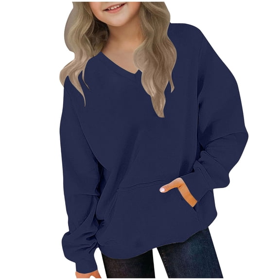 Khunlpohl Kid's Casual Sweatshirts V Neck Long Sleeve Loose Tops Solid Color Fall Winter Clothes with Pockets for Boys Girls