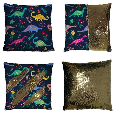 ABPHQTO Dinosaurs Colorful Cartoon Animals Reversible Mermaid Sequin Pillow Case Home Decor Cushion Cover 18x18 Inch