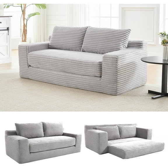 70.87" W Cloud Lounge Memory Foam Corduroy Convertible Folding and No Assembly Loveseat Sofa Bed,Grey