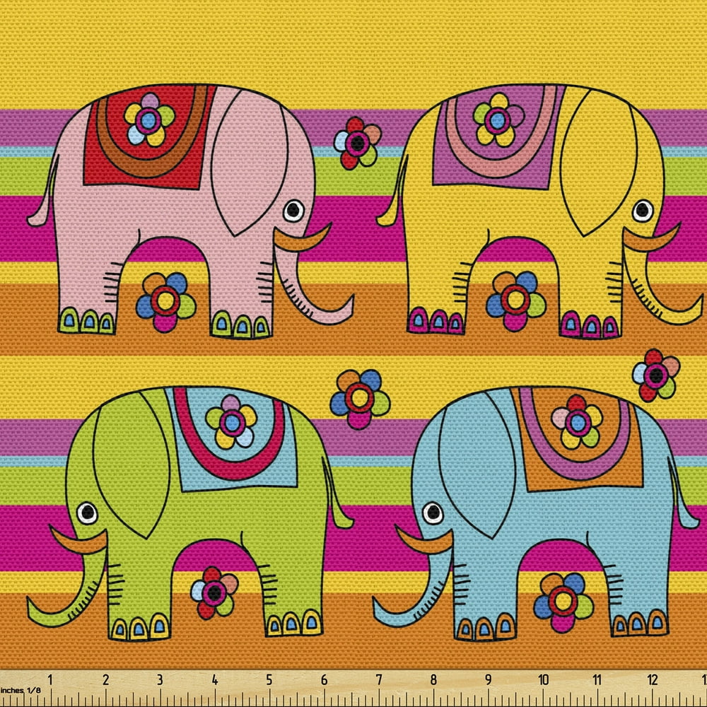 Animal Cartoon Fabric by the Yard Funky Floral EasternColorful Hand