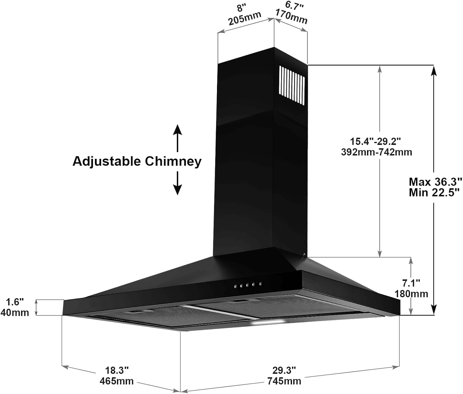30 inch Wall Mount Range Hood 450 CFM with Ducted/Ductless Convertible Duct Stainless Steel Chimney-Style Over Stove Vent Hood with LED Light 3 Speed Exhaust Fan Black Hood Vents for Kitchen