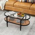 thumbnail image 2 of GOFLAME Rattan Coffee Table with Storage, 40” Wood Oval Coffee Table with Tempered Glass Tabletop & PE Rattan Shelf, 2-Tier Antique Boho Center Table for Living Room, Reception Room, Black, 2 of 9