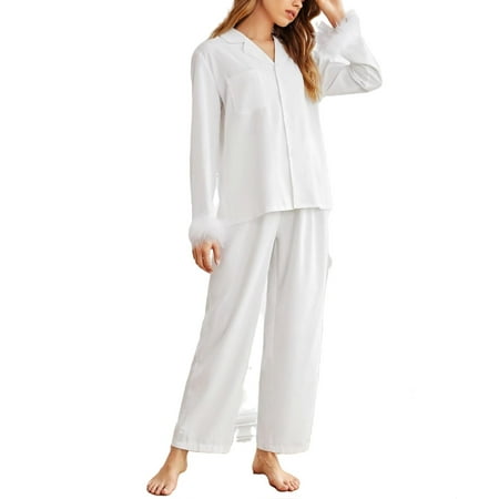 

Women s Pajama Sets White Casual Plain Lapel Pant Sets Long Sleeve