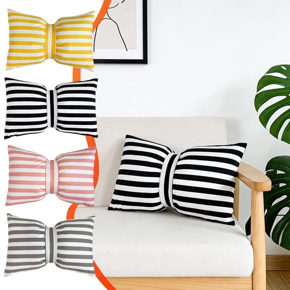 Stripe Bow Velvet Lumbar Pillow 50x33cm, High Elastic Filled Soft Plush Decorative Throw Pillow, Removable Washable for Couch Bed Sofa Bay Window Car Living Room Bedroom Home Decor, Gray-A