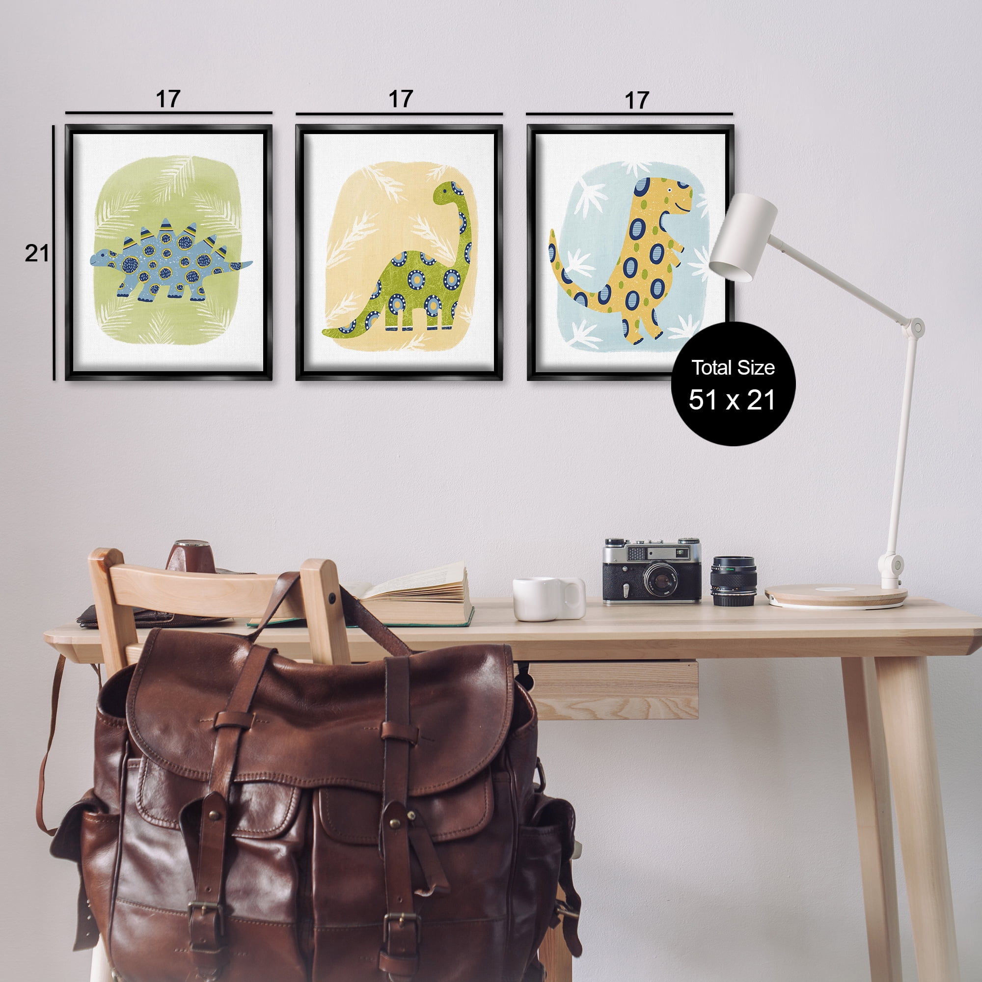 Stupell Industries Three Patterned Dinosaurs Animals Painting Black Floater Framed Canvas Art Print Wall Art, 17 x 21, Set of 3