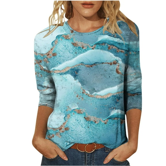 Herrnalise Women's Fashion Printed T-shirt 3/4 Sleeves Blouse Round Neck Casual Tops Blue L