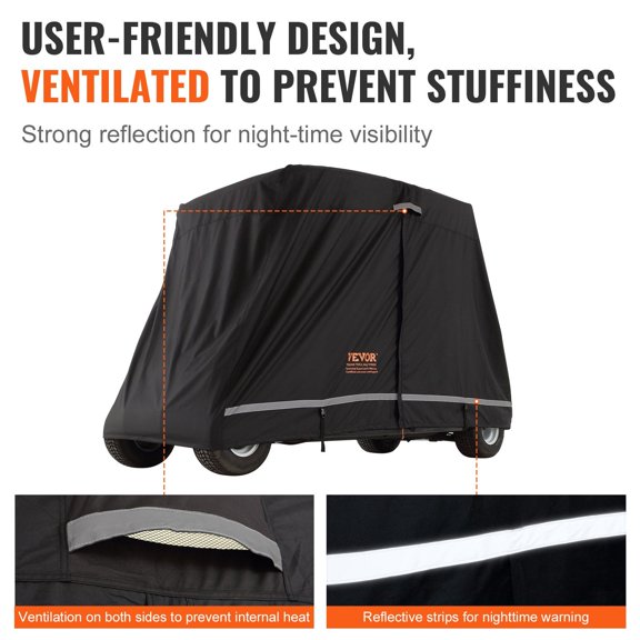 Heavy-Duty 4-Passenger Golf Cart Cover, 600D Polyester Outdoor Full Cover Waterproof & UV Resistant, Universal Fit for Club Car with 3 Zipper Doors – Black