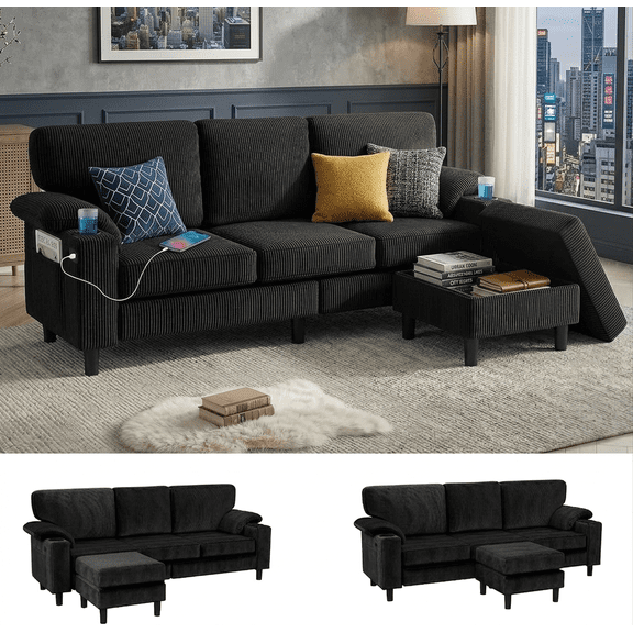 Howcool 80" Convertible Sectional Sofa Couch, L-Shaped Loveseat with Storage Ottoman, USB Ports, Cup Holders & Deep Seats, Modern Corduroy Fabric Couch for Apartment Living Room Small Space, Black