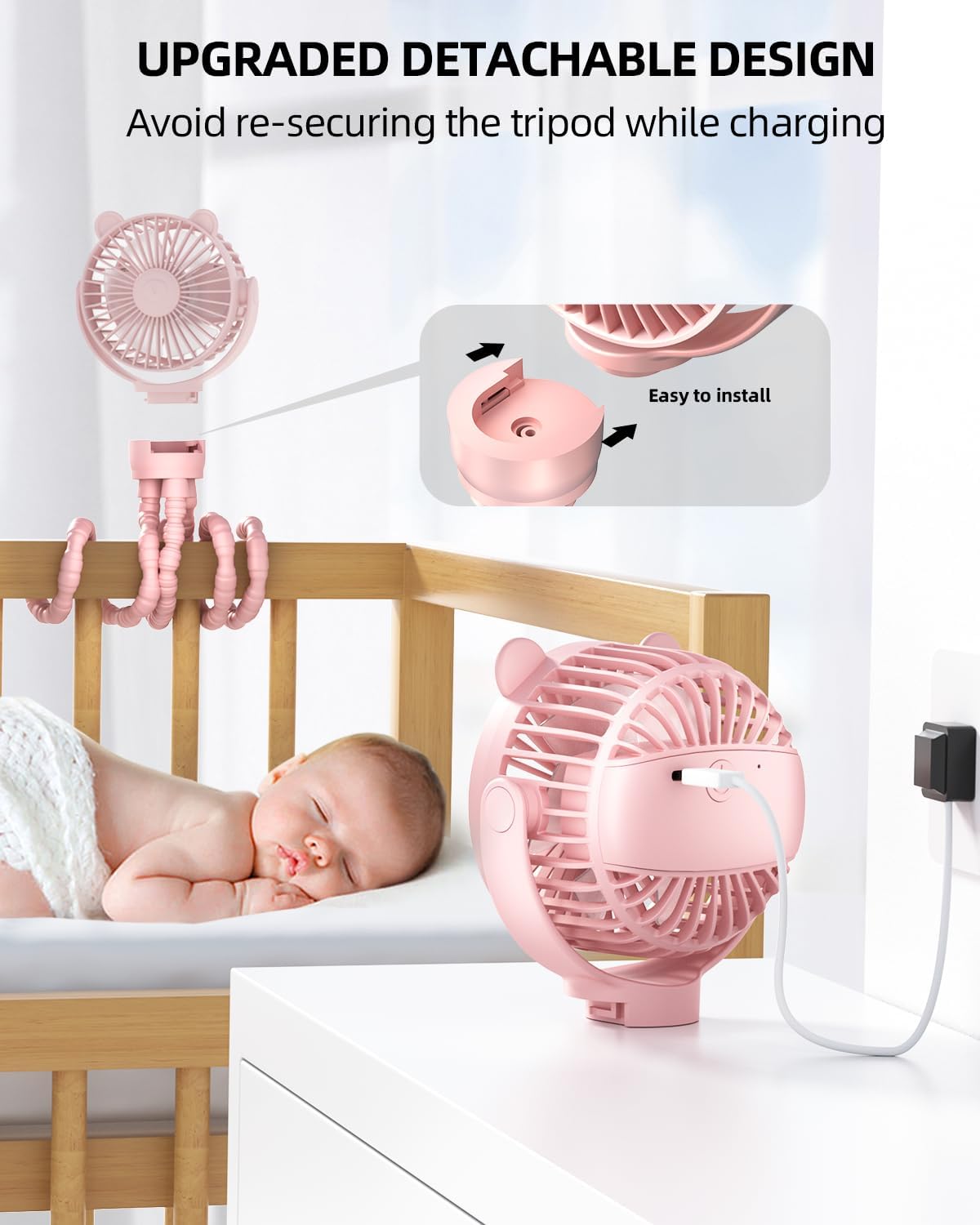 FrSara Portable Mini Stroller Fan, Battery Operated Small Clip on Fan, Detachable Flexible Tripod Baby Fan with 3 Speed, Rechargeable Personal Fan for Car Seat Crib Treadmill Travel