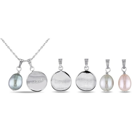 8-9mm White, Pink and Gray Rice Cultured Freshwater Pearl Sterling Silver Set of Pendants, 18