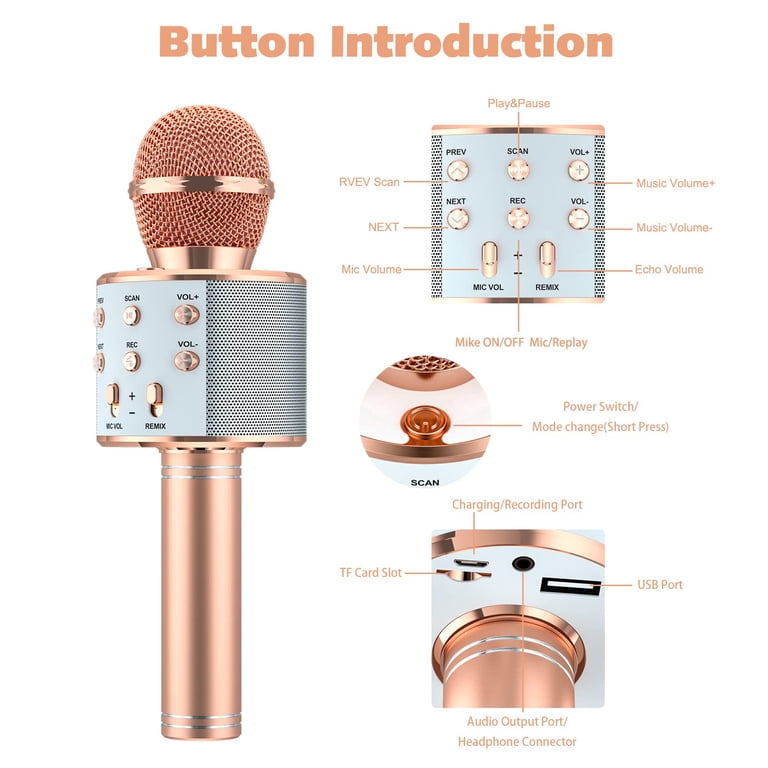 Micro Karaoké BONAOK Avec 2 Micros Bluetooth - Portable Et Rechargeable - Pour Enfants Et Adultes (Rose)