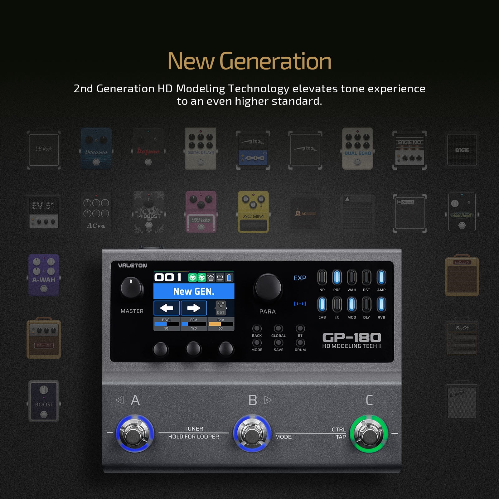 Valeton GP-180 Guitar Multi Effects Processor, 3 Footswitch Pedal, Built-in Battery
