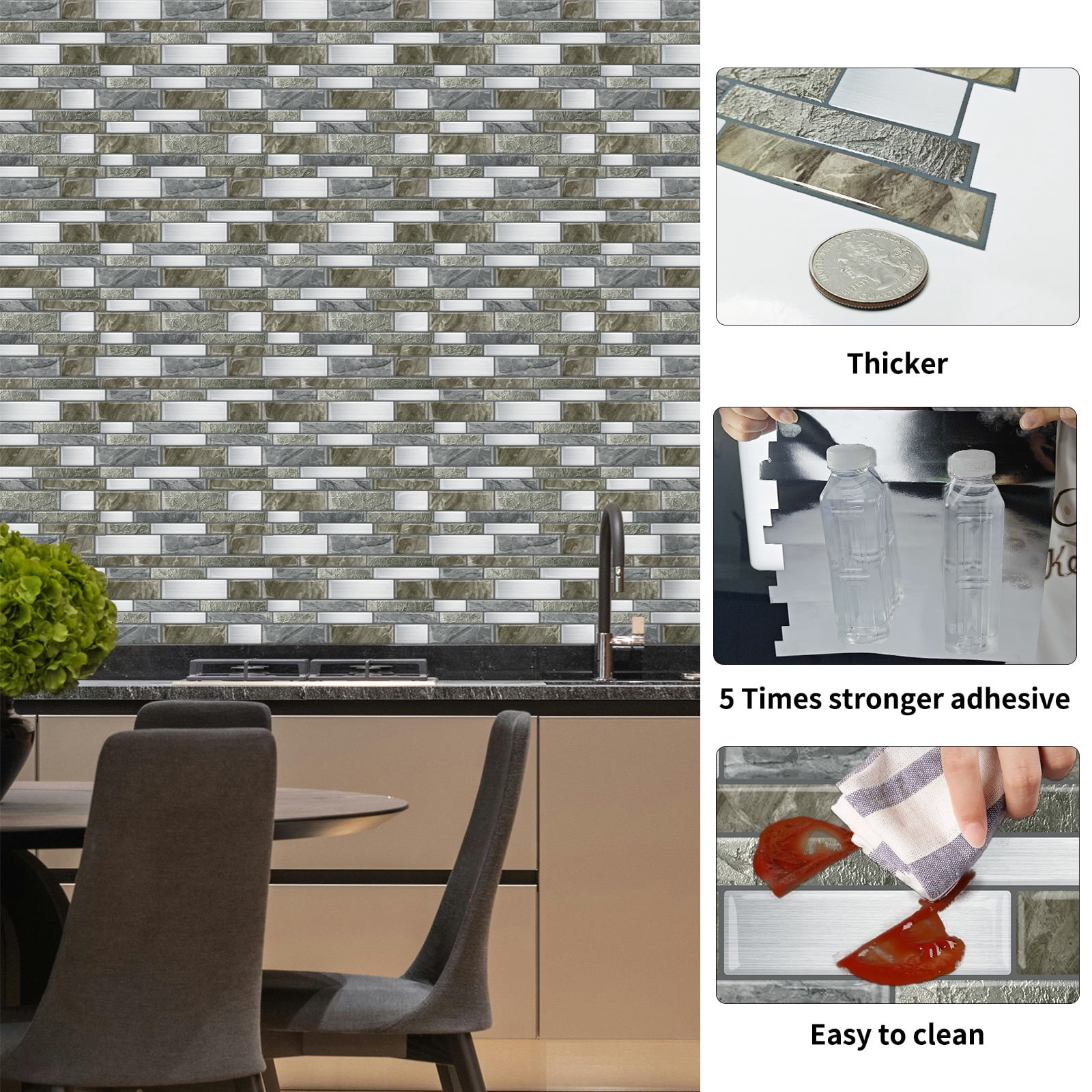 DEWOO Peel and Stick on Self Adhesive Backsplash Wall Marble Tiles Stickers 3D for Kitchen Bathroom,Gray Brown (10-Sheet, 12"×12")
