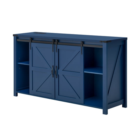 Farmhouse Sideboard with Power Outlet, 55.1" Storage Cabinet with Sliding Barn Doors & 4 Drawers, Buffet Table with Adjustable Shelves for Dining Room, Kitchen, Navy Blue