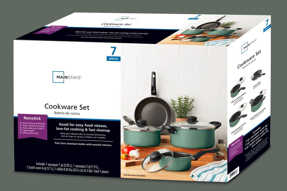 Mainstays 7 Piece Nonstick Aluminum Pots and Pans Cookware Set, Green