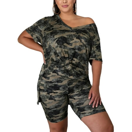 

MAWCLOS Plus Size Outfits 2 Piece Side Split Tee Shirt Top Bodycon Shorts Jumpsuit Set Summer Lounge Pajamas Set