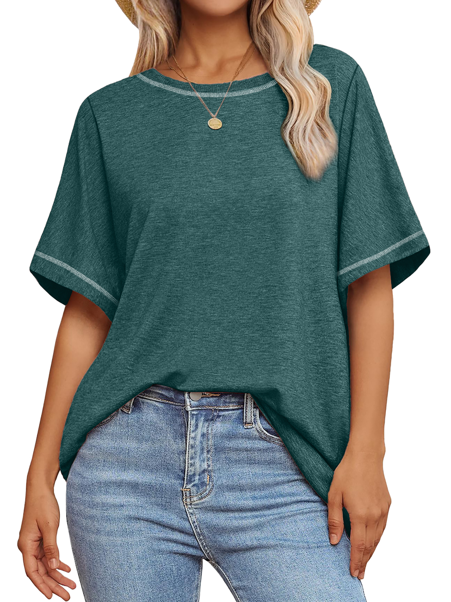 MOSHU Oversized T Shirts for Women Quilting Stitching Womens Shirts Classic Trendy Casual Tops
