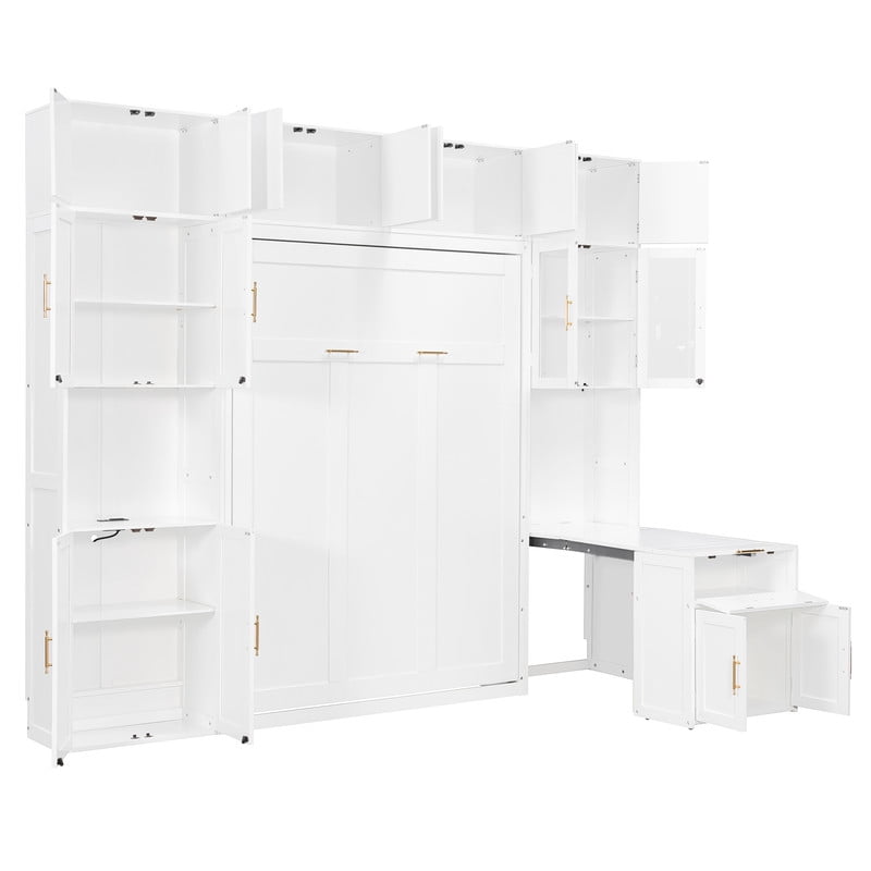 Full Size All-in-One Murphy Bed with Hidden Desk & Storage Cabinets, Foldable Platform Bed Frame with Power Outlet & LED Light
