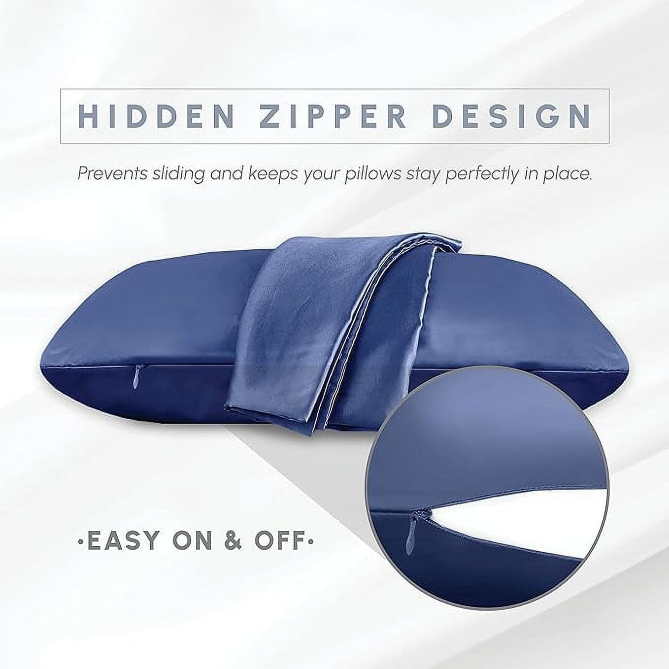 2 Pieces Satin Pillowcase Set with Hidden Zipper closure, King, Navy Blue