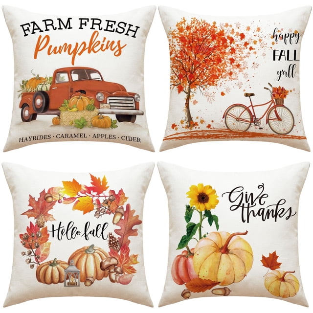 Autumn Pillow Covers - Pumpkin Fall Decorative Set of 4 Maple Leaf Print Throw Pillowcases for Fall Thanksgiving 18x18 Inches