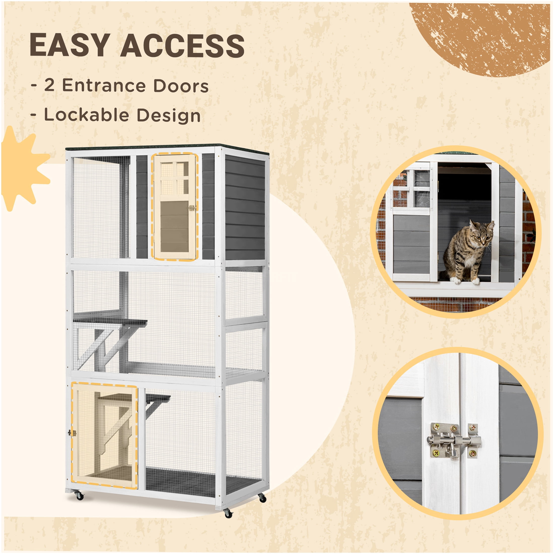 JERFIT 74 Inch Outdoor Cat House with Wheels, Weatherproof Wooden Catio Enclosure, Large Gray Cat Cage Condo for Indoor Outdoor Use