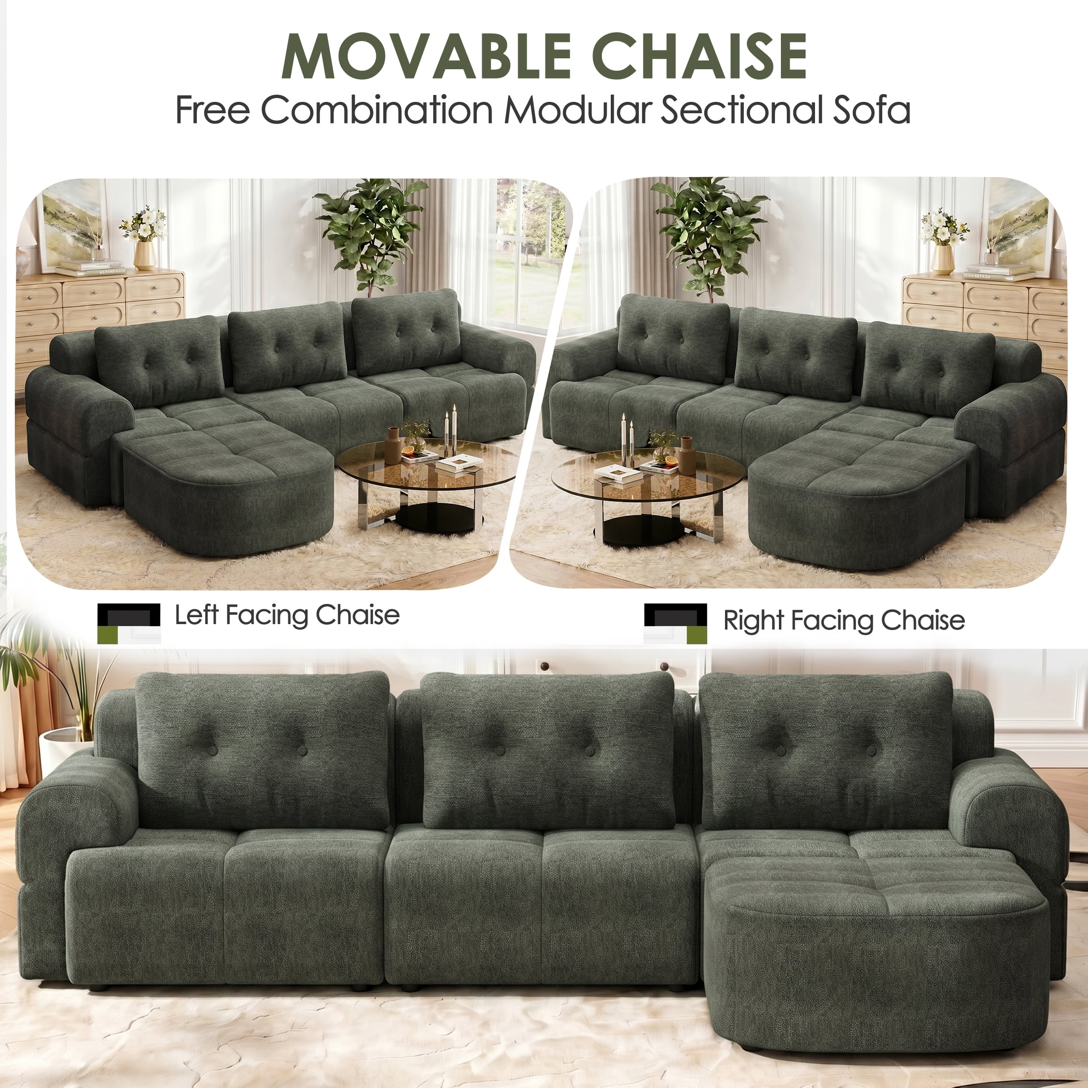 AISWORD 112" Modern L Shaped Modular Sectional Sofa, Cloud Sectional Deep Seat Couch, 4 Seater High-Density Memory Foam Couch Chenille Sofa, Boneless Couches for Living Room, No Assembly, Green