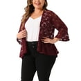 thumbnail image 4 of Cárdigans de talla grande para mujer Agnes Orinda, con frente abierto, mangas de campana 3/4, cubre hombros de encaje transparente con flores, bolero, shrugs 3X burdeos, 4 of 6