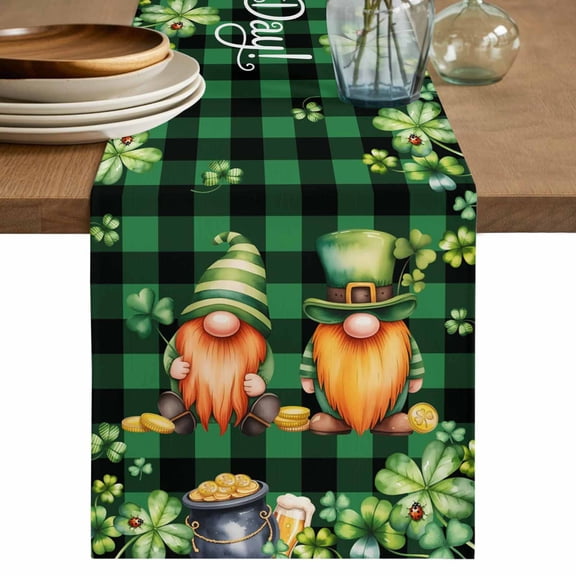 St. Patrick's Day Table Runner 72 Inches, Cute Gnomes Lucky Shamrocks Green Black Plaid Bed Runner Dresser Scarves Tabletop for Indoor Outdoor Parties/Ceremony/Banquet, 18" x 72"