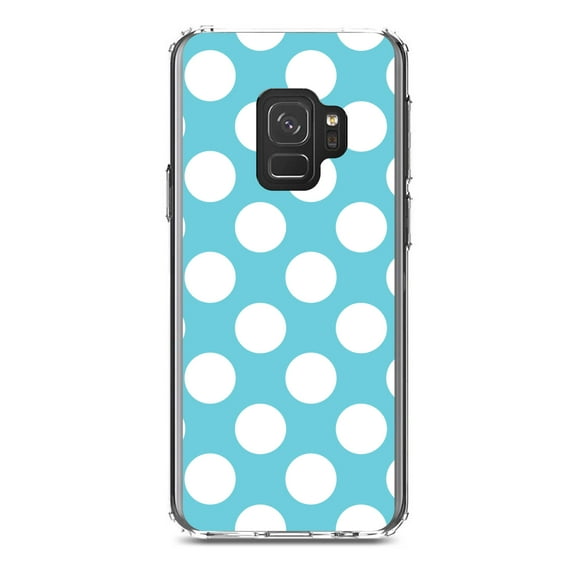 DistinctInk Clear Shockproof Hybrid Case for Samsung Galaxy S9 (5.8" Screen) - TPU Bumper, Acrylic Back, Tempered Glass Screen Protector - White & Blue Polka Dots