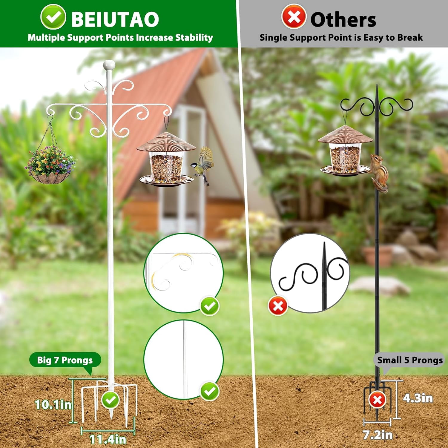 Bird Feeder Pole for Outdoors Heavy Duty Squirrel Proof, 2 Pack 63 Inch Adjustable Tall Shepherds Hooks for Outdoor with 7 Prongs Base, Double Shepherd Hooks (2 Pack White, 63 Inch)