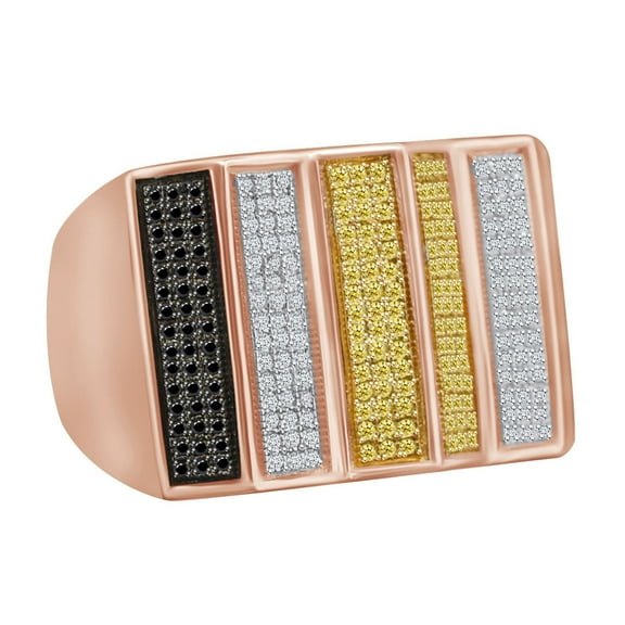 AFFY 0.84 Carat Round Yellow,White & Black Diamond Natural Diamond Men's Ring 925 Sterling Silver