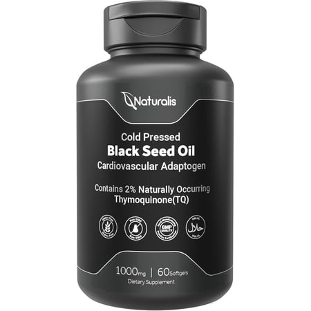 Naturalis Cold Pressed Black Seed Oil 1000mg | 2% Naturally Occurring Thymoquinone (TQ) for Hair, Skin, Nails & Cardiovascular Support | Non-GMO, Gluten & Soy Free | 60 Softgels