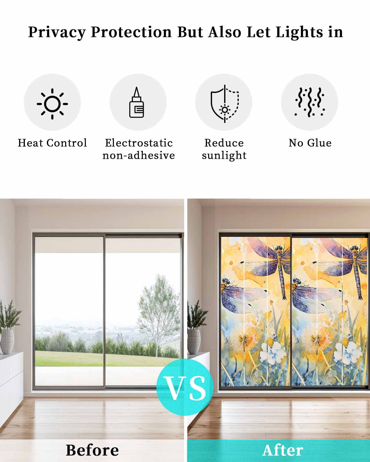 Window Privacy Film Yellow Dragonfly Spring Floral Stained Glass Window Film Decorative Sun Block Window Cover Summer Botanical Window Clings Static Adhesive Sticker for Bathroom 29.5"x78.7"