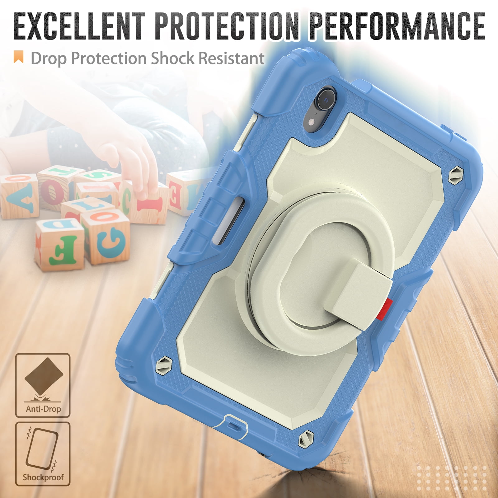 Allytechgroup Screen Protector Case for Apple iPad mini 7th Gen/ 6th Gen 8.3 Inch, Heavy Duty Protective Build-in Pencil Holder Handle Stand Rugged Bumper Case Kids Friendly for iPad mini 6 7, Blue