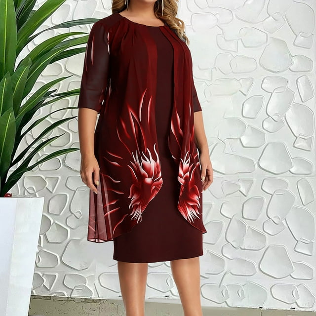Robes pour Femmes 2024 Femmes Mode Décontractée Col Rond Uni Manches Courtes Mi-Longues Taille Robe en Liquidation