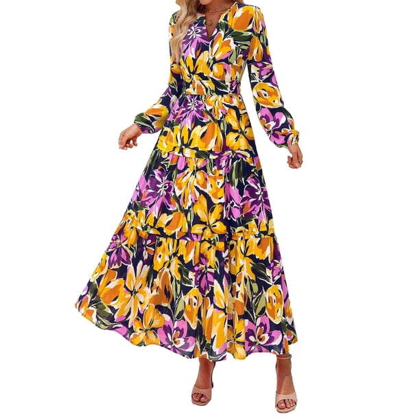 Vestido Maxi PRETTYGARDEN Mujer Otoño 2025 Floral Cuello en V XXL