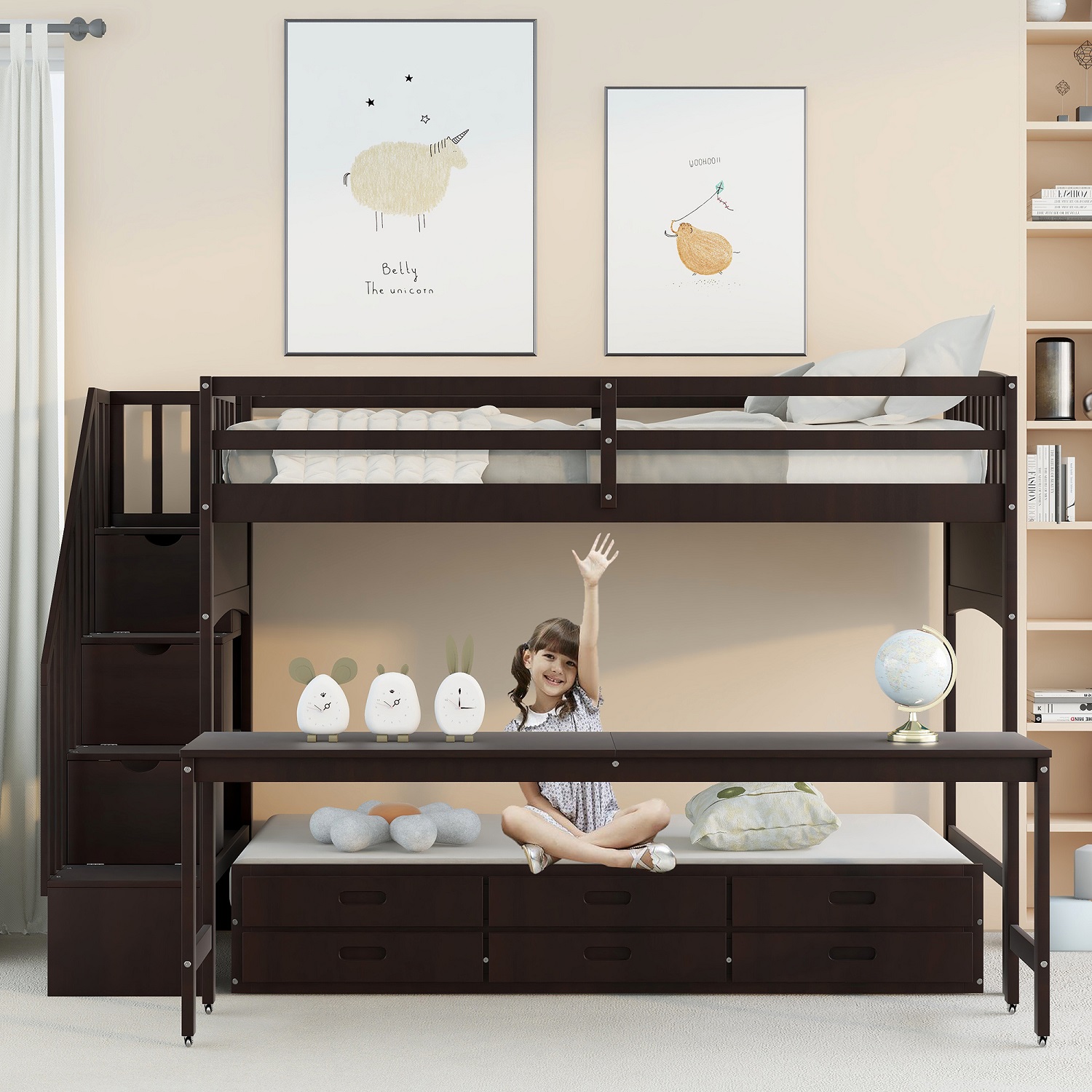 Churanty Twin XL Loft Bed with Desk and Stairs ,Wooden Stairway Loft