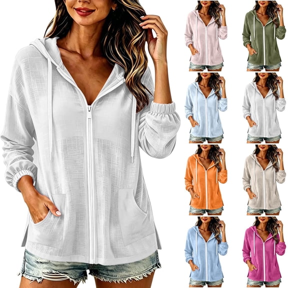 Purcolt Women's Thin Zip Up Hoodie Jacket, Lightweight Hooded Blouse Coat with Drawstring and Pockets for Summer Casual Wear for Daily Wear