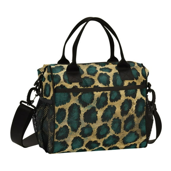 FORMRS Insulated Lunch Bag Unisex Large Capacity with Shoulder Strap, Green Leopard Print